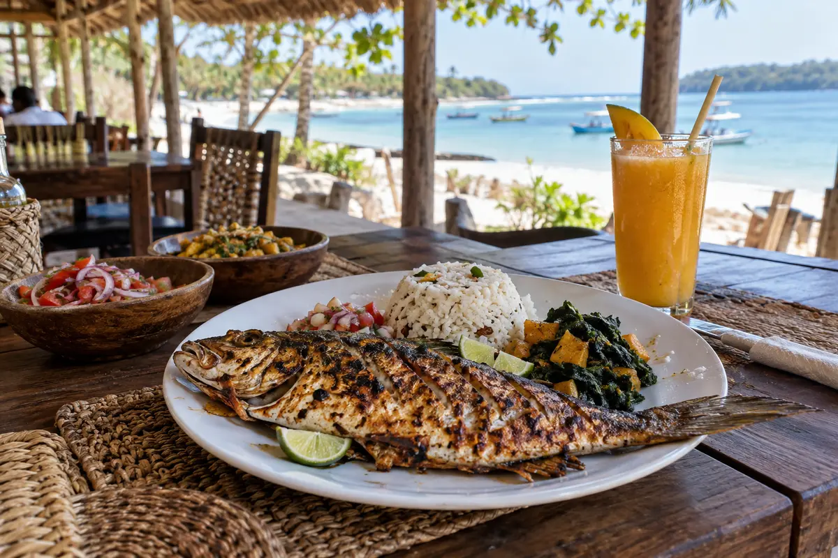 Grilled fish, coconut rice and coastal dishes served near Bofa Beach in Kilifi.