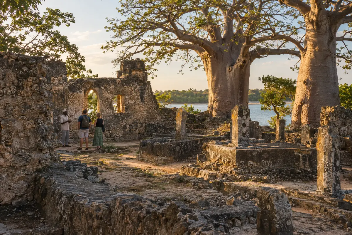 Coral-stone mosque ruins and baobab trees at Mnarani Ruins in Kilifi.