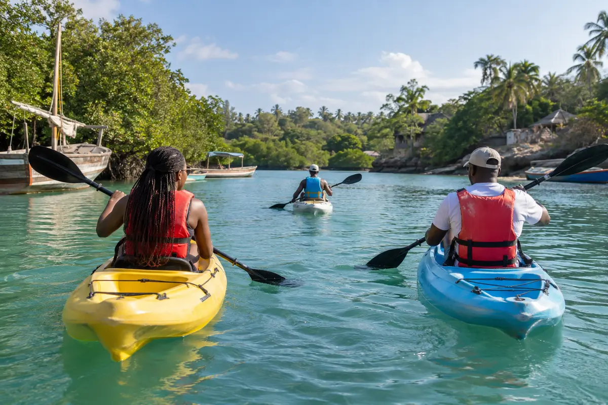 Two travellers kayaking with a guide on the calm water of Kilifi Creek.