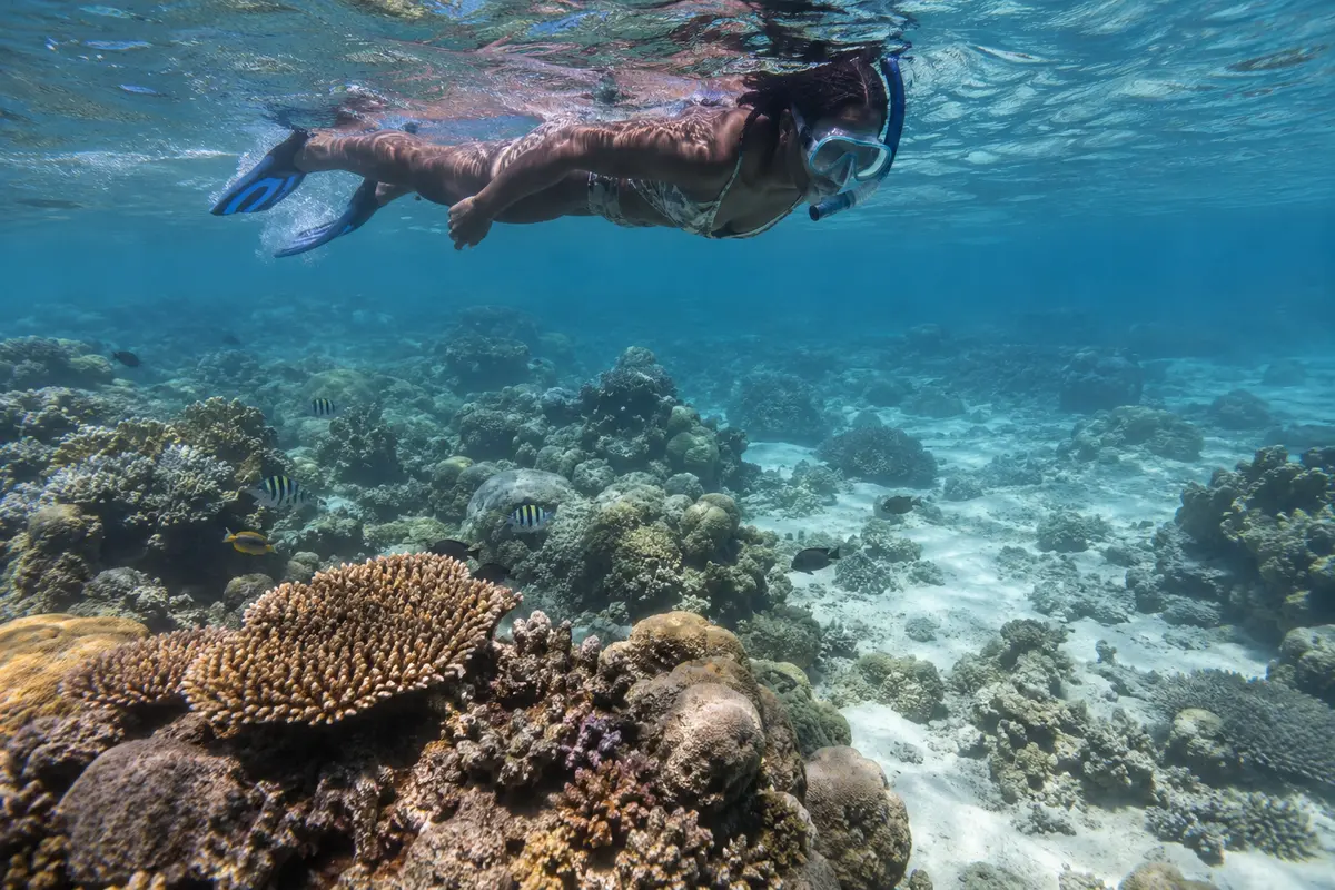 Snorkeller swimming above a coral reef off the Kilifi coast in Kenya.