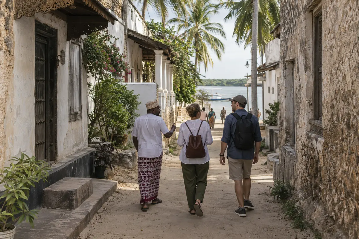 Local guide walking with visitors along a traditional lane in Takaungu near Kilifi.