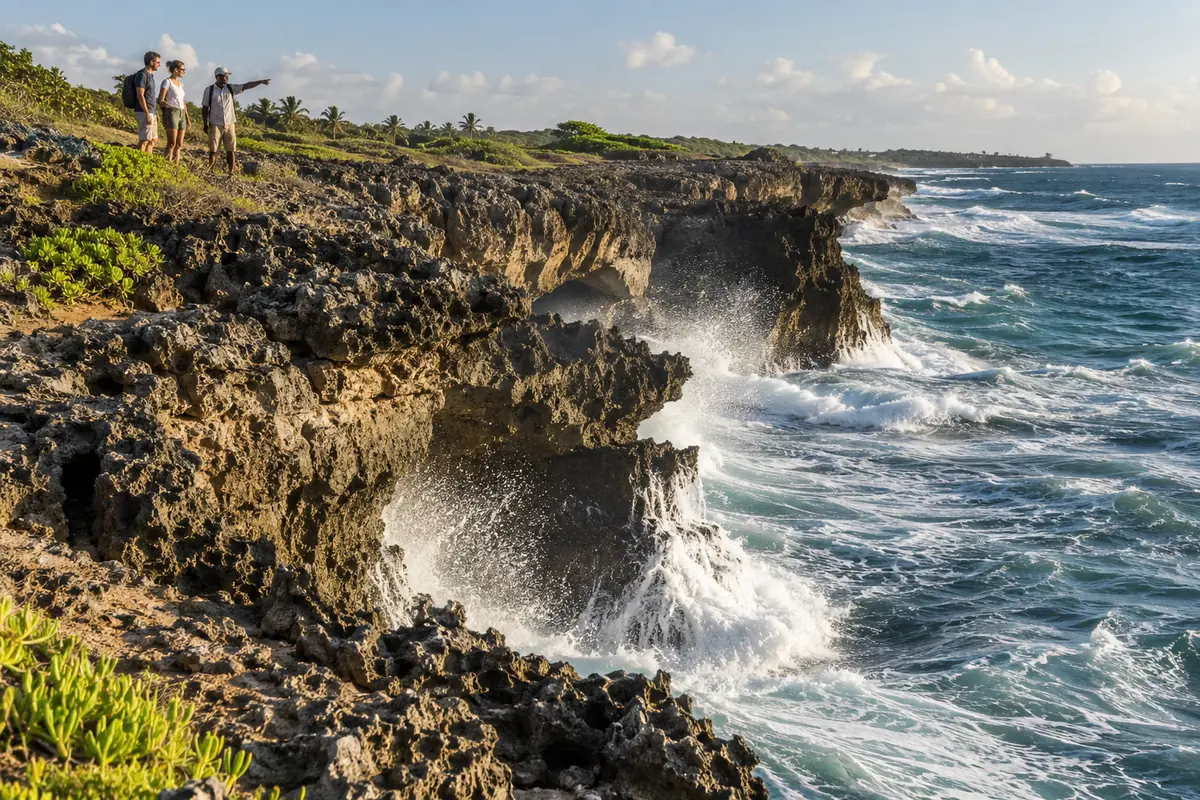 Visitors standing safely above jagged Vuma Cliffs as waves break below near Takaungu.