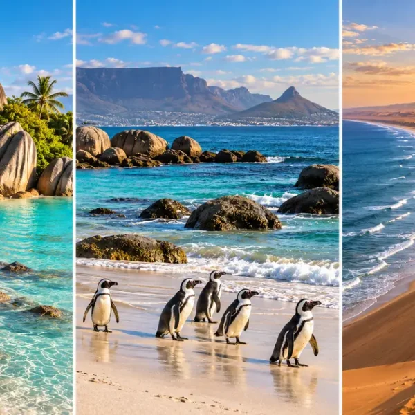 Three-panel collage showing Anse Source d’Argent, Boulders Beach and Sandwich Harbour in Africa.