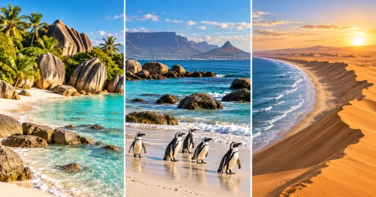 Three-panel collage showing Anse Source d’Argent, Boulders Beach and Sandwich Harbour in Africa.