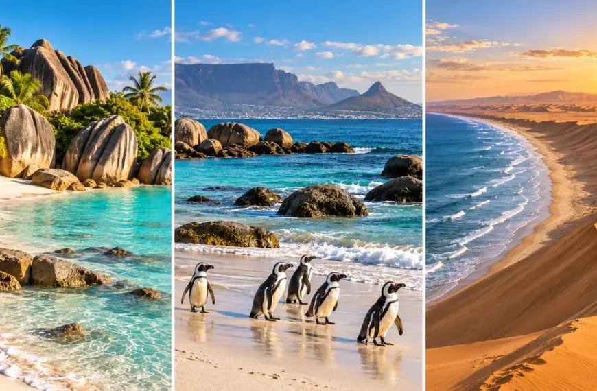 Three-panel collage showing Anse Source d’Argent, Boulders Beach and Sandwich Harbour in Africa.