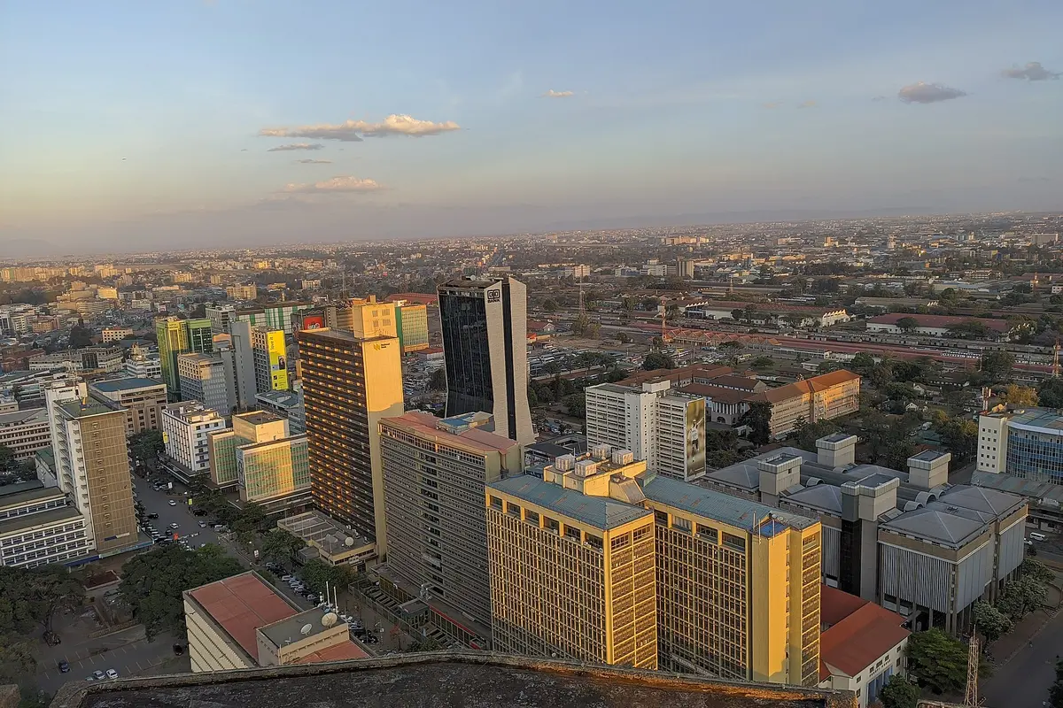 Nairobi's central business district viewed from the KICC rooftop at golden hour.