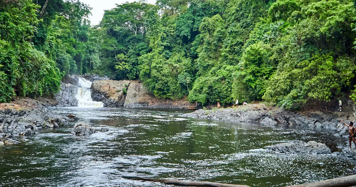 Kwa Falls flowing over dark rocks into a forest-fringed river in Cross River State.