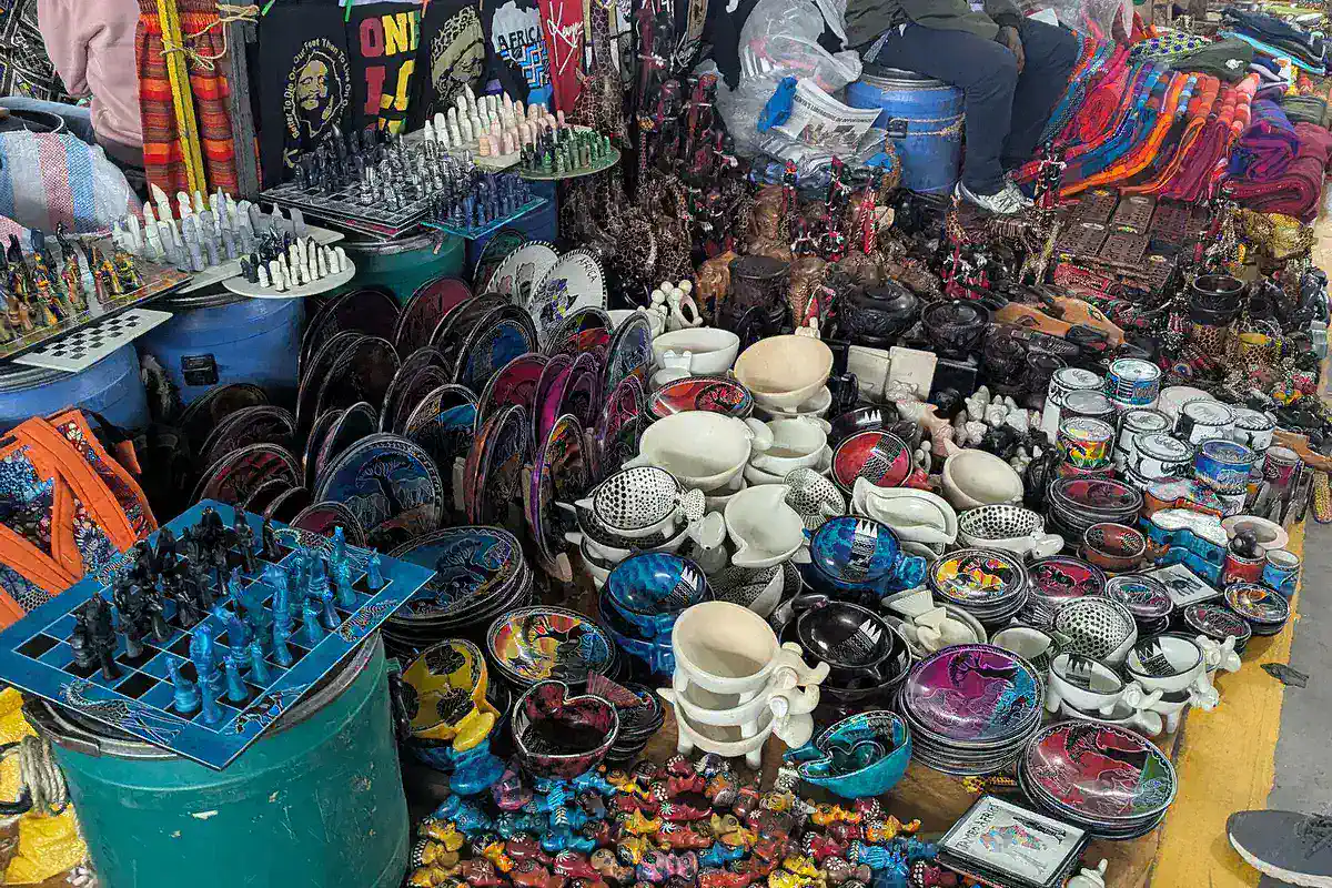 Colourful beadwork, jewellery and crafts displayed at a Maasai Market stall in Nairobi.