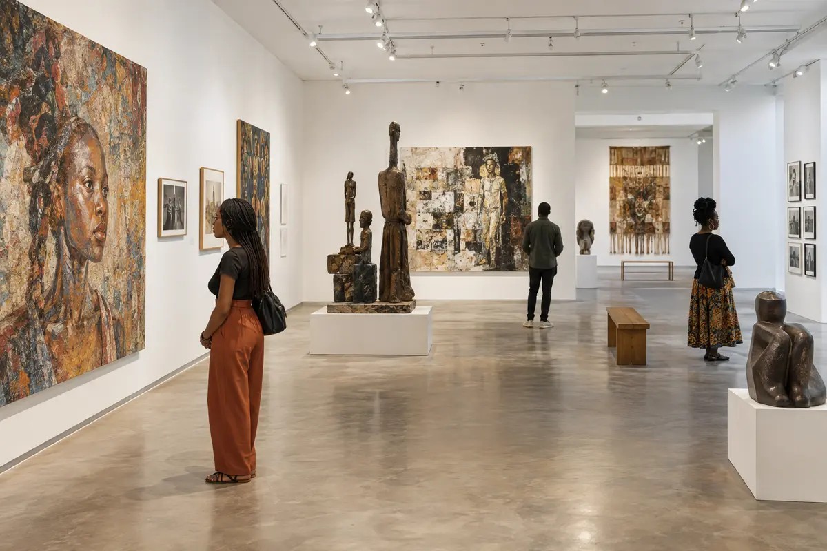 Visitors viewing contemporary East African art in a modern Nairobi gallery.