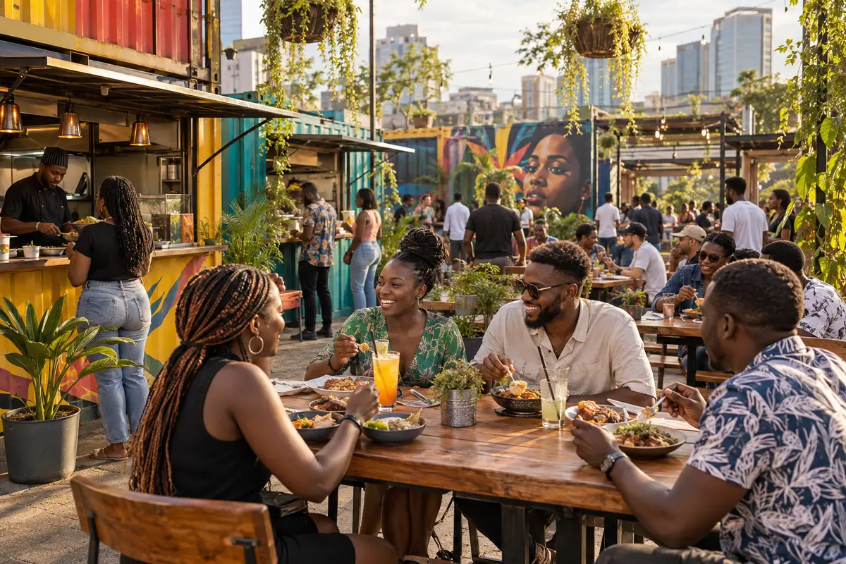 Diners enjoying food in a colourful open-air courtyard inspired by Nairobi Street Kitchen.