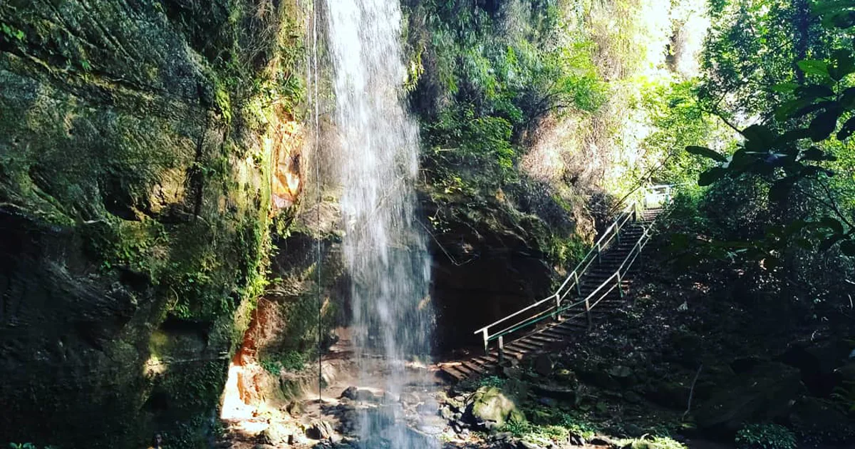 Water falling from a forest-covered cliff beside the cave opening at Ogbaukwu in Anambra State.
