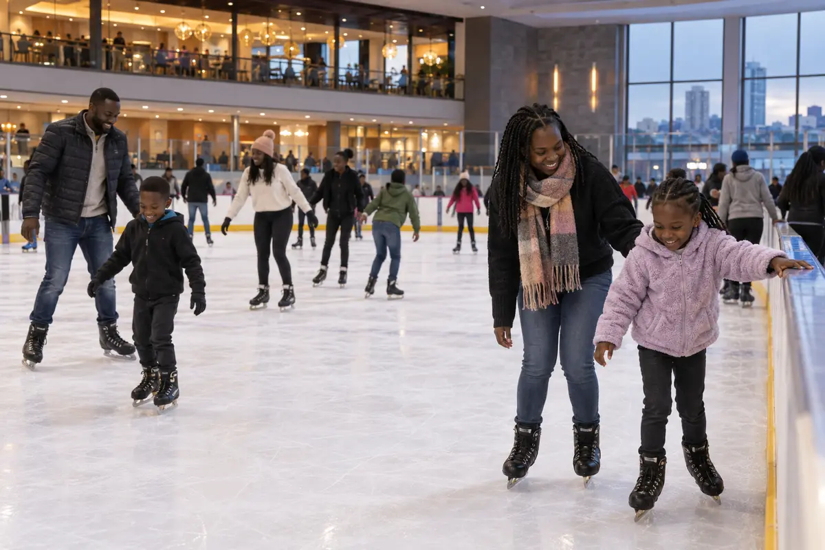 Kenyan families and children ice skating at an indoor rink in Nairobi.