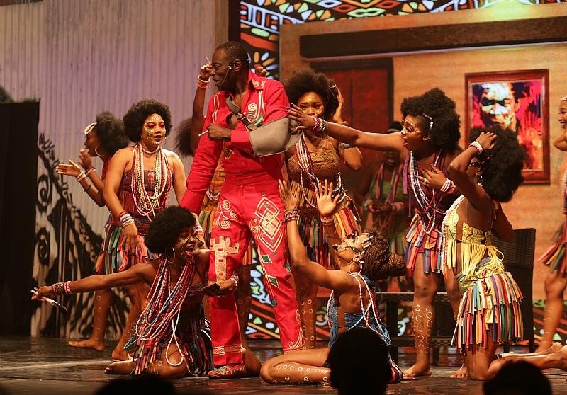 Nigerian actors and dancers performing onstage at Terra Kulture in Victoria Island, Lagos.