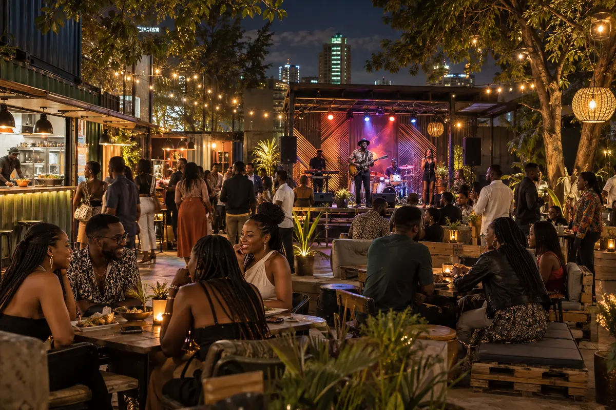 Crowd enjoying live music at an open-air nightlife venue inspired by The Alchemist in Nairobi.