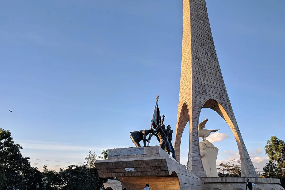 Independence monument rising above Uhuru Gardens in Nairobi.