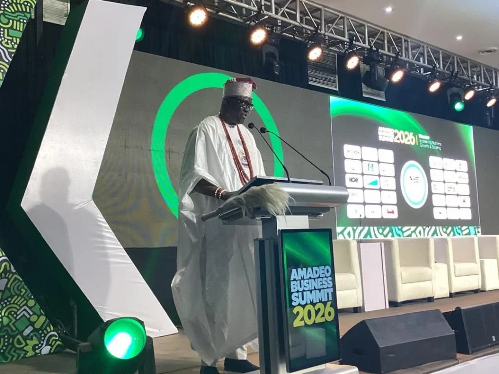 Oba Akintoye Adeoye speaking at the Amadeo Business Summit in Enugu, or a residential estate under construction in Enugu.